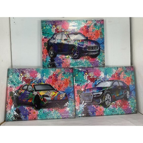 New Colorful Abstract Car Canvas Art Prints Set Of 3 - 16x12 Inches Each - Picture 1 of 6